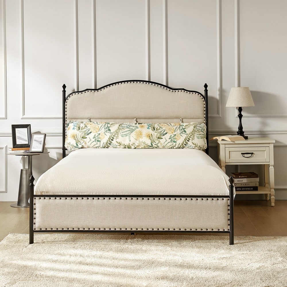 Eulalia Transitional Upholstered Platform Metal Bed Frame Four Poster Bed with High Headboard&Pillow