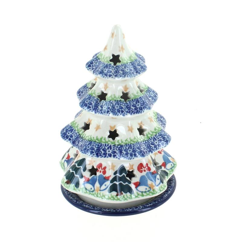 Blue Rose Polish Pottery 512 Ceramika Artystyczna Small Christmas Tree Luminary - Winter Bells