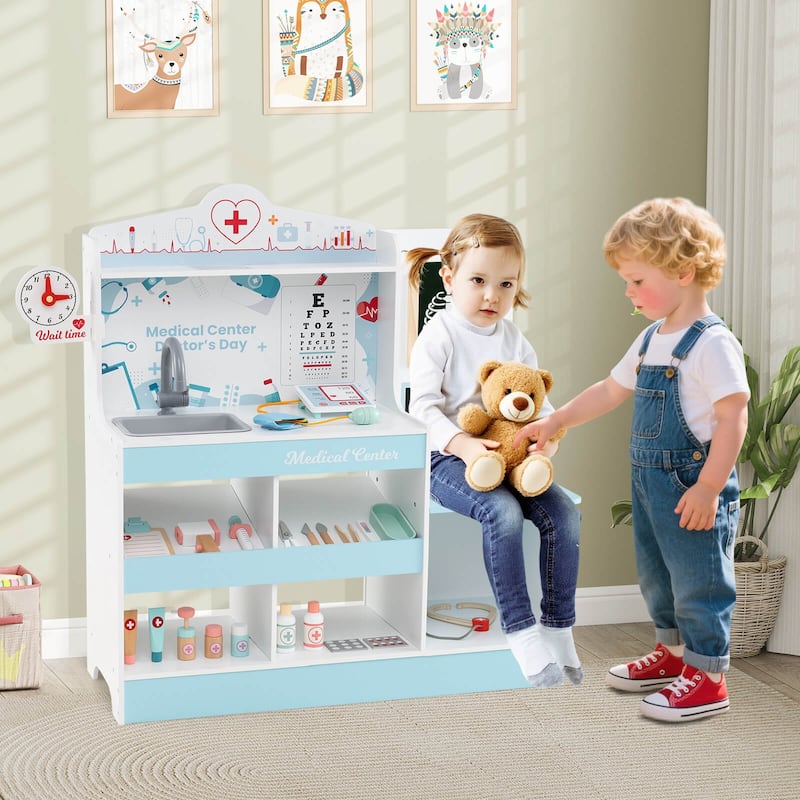 Honeyjoy Wooden Doctor Play Set with Clock Sink Eye Chart ECG Monitor - See Details