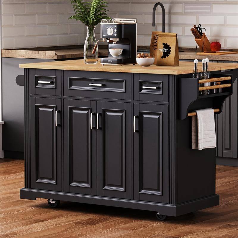 Kitchen Island with Drop Leaf and Towel Rack, mbossed Texture Rolling Kitchen Cart on 4 Wheels with 4 Doors and 3 Drawers