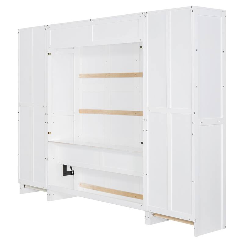 Foldable Queen Size Murphy Bed Flip Design Storage Wall Cabinet Bed with Wardrobe, Drawers, Open Shelves and Adjustable Layout
