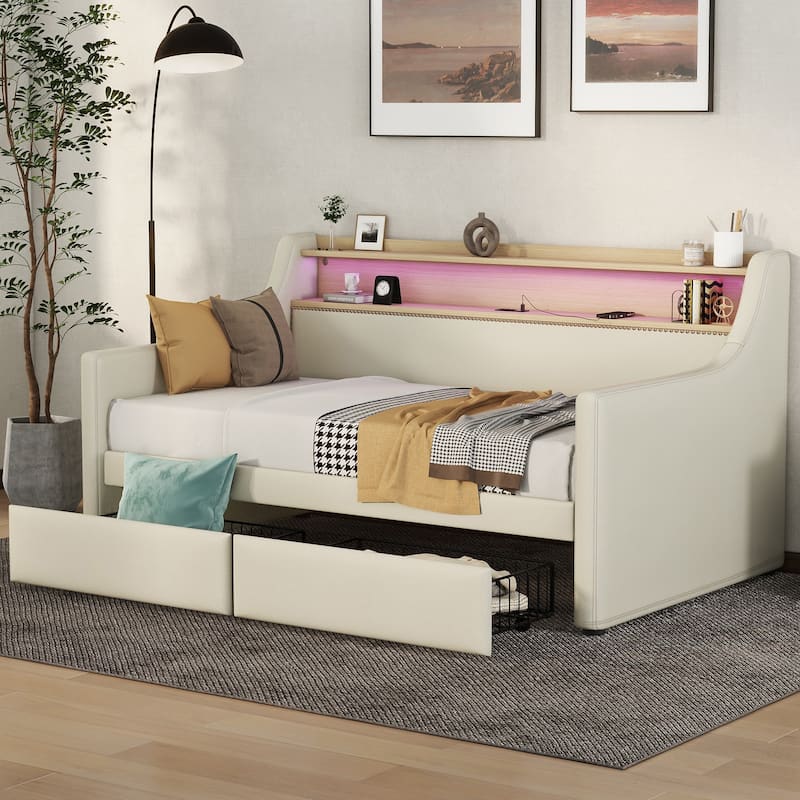 Twin Size Upholstered Daybed with Storage Drawers, Charging Station & LED Lights in Beige
