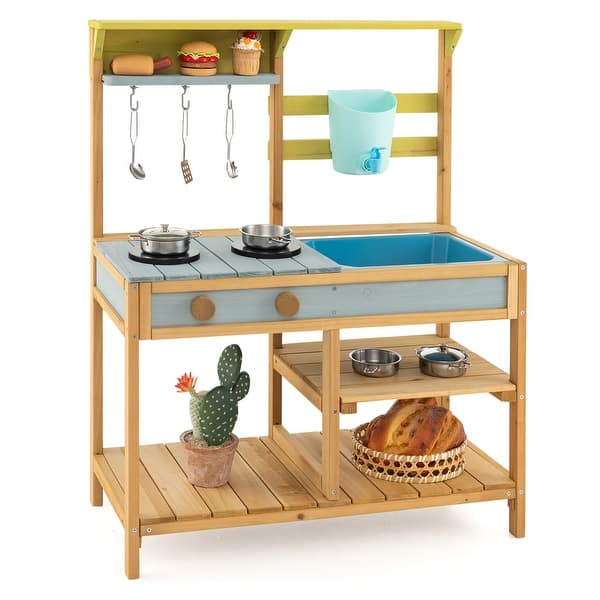 slide 2 of 9, Costway Wooden Play Kitchen Set, Outdoor Kid's Mud Kitchen with Faucet - See Details Natural + Blue+ Green - See Details - Kids