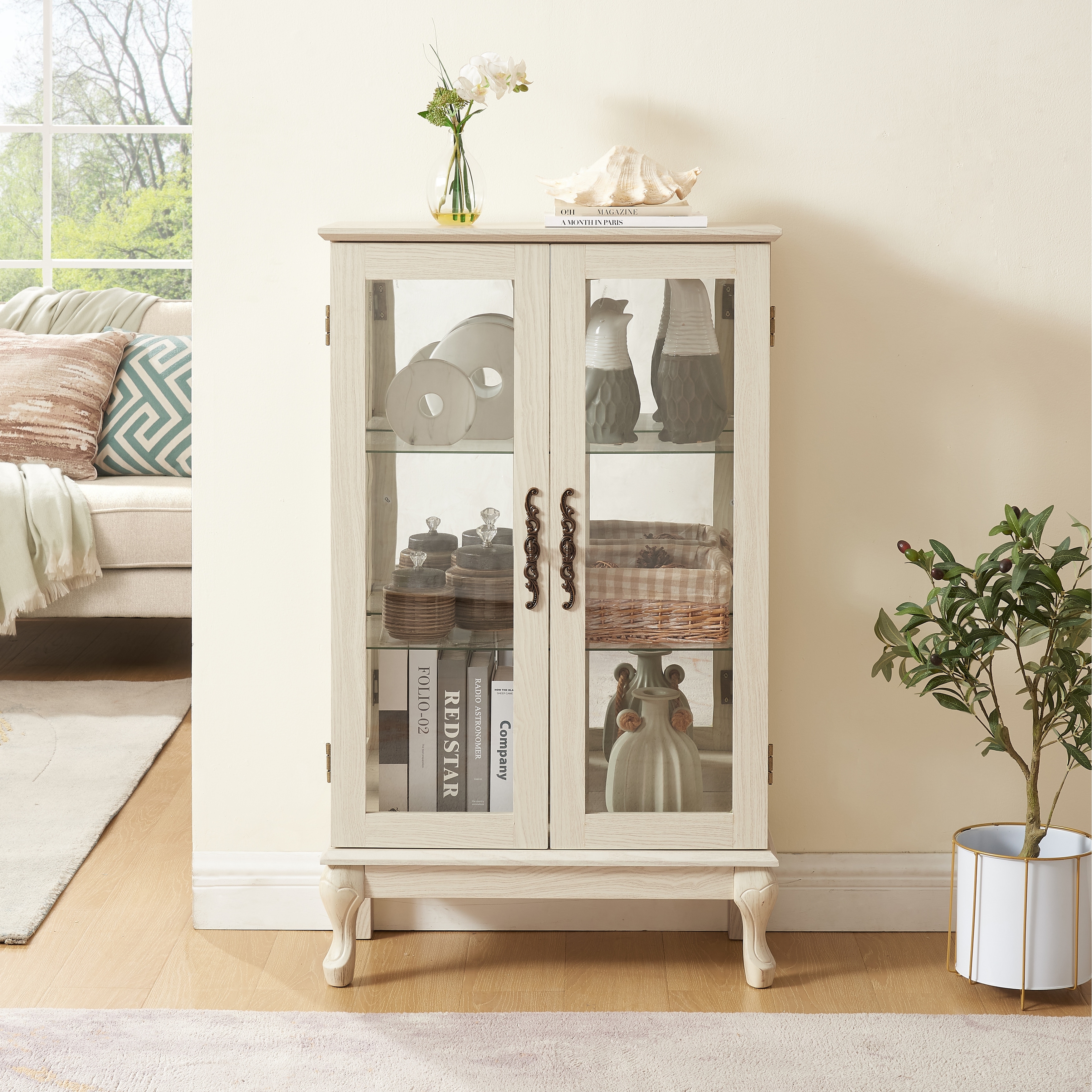 Lighted Display Cabinet with 2 Tempered Glass Doors and Adjustable Shelves