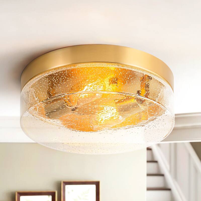 2-Light Gold/Bronze Modern Farmhouse Industrial Dimmable Dome Round Flush Mount Light with Seeded Glass Shade