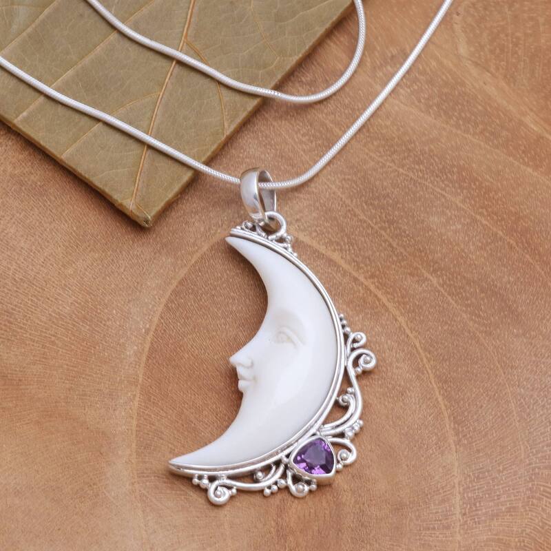 NOVICA Resting Moon, Amethyst and bone pendant necklace
