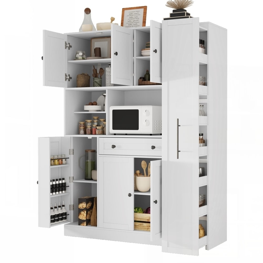 Freestanding Buffet with Hutch , Large Kitchen Pantry Storage Cabinet Cupboard with Pull-Out Side Cabinet