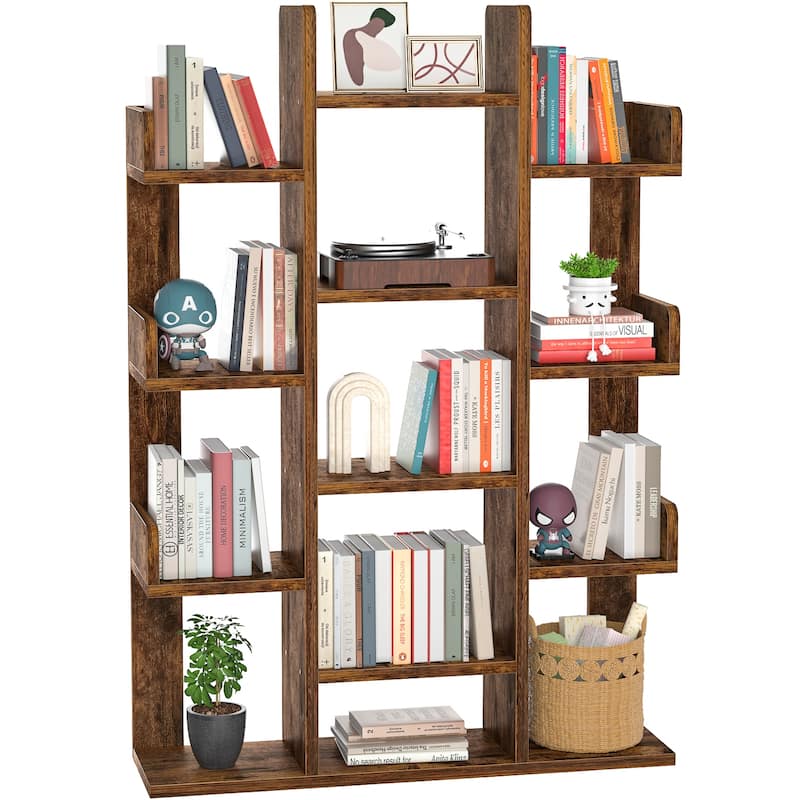Industrial Wood Bookshelves with 13 compartments,Tree-Shaped Bookcase,Books Organizer Display Shelves