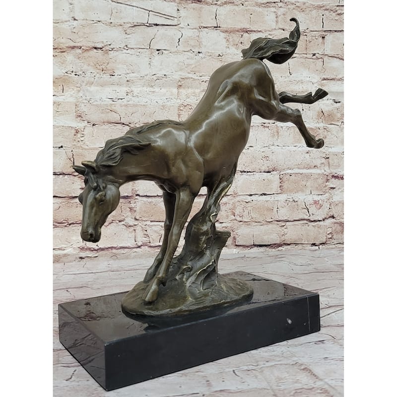 Jumping Wild Imitative Horse Mustang Stallion Bronze Sculpture Statue On Marble Base