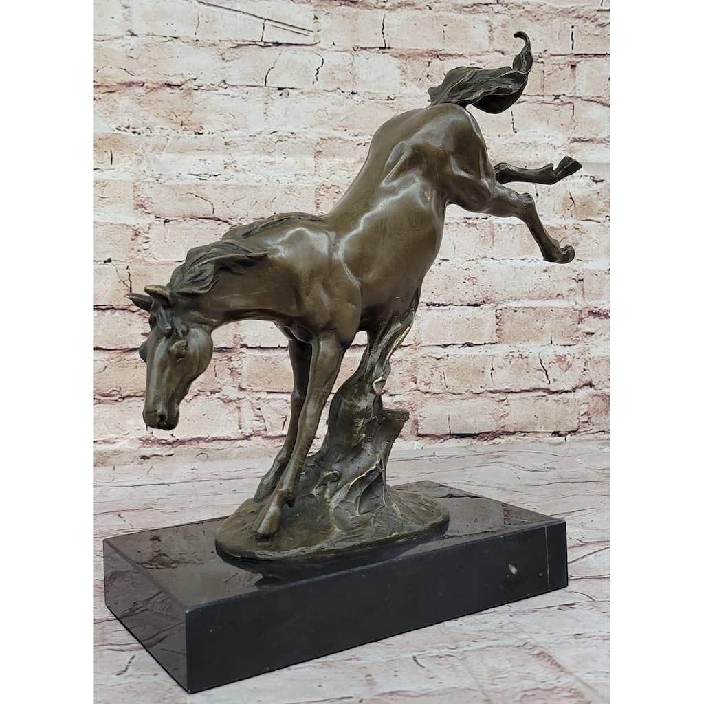 Jumping Wild Imitative Horse Mustang Stallion Bronze Sculpture Statue On Marble Base