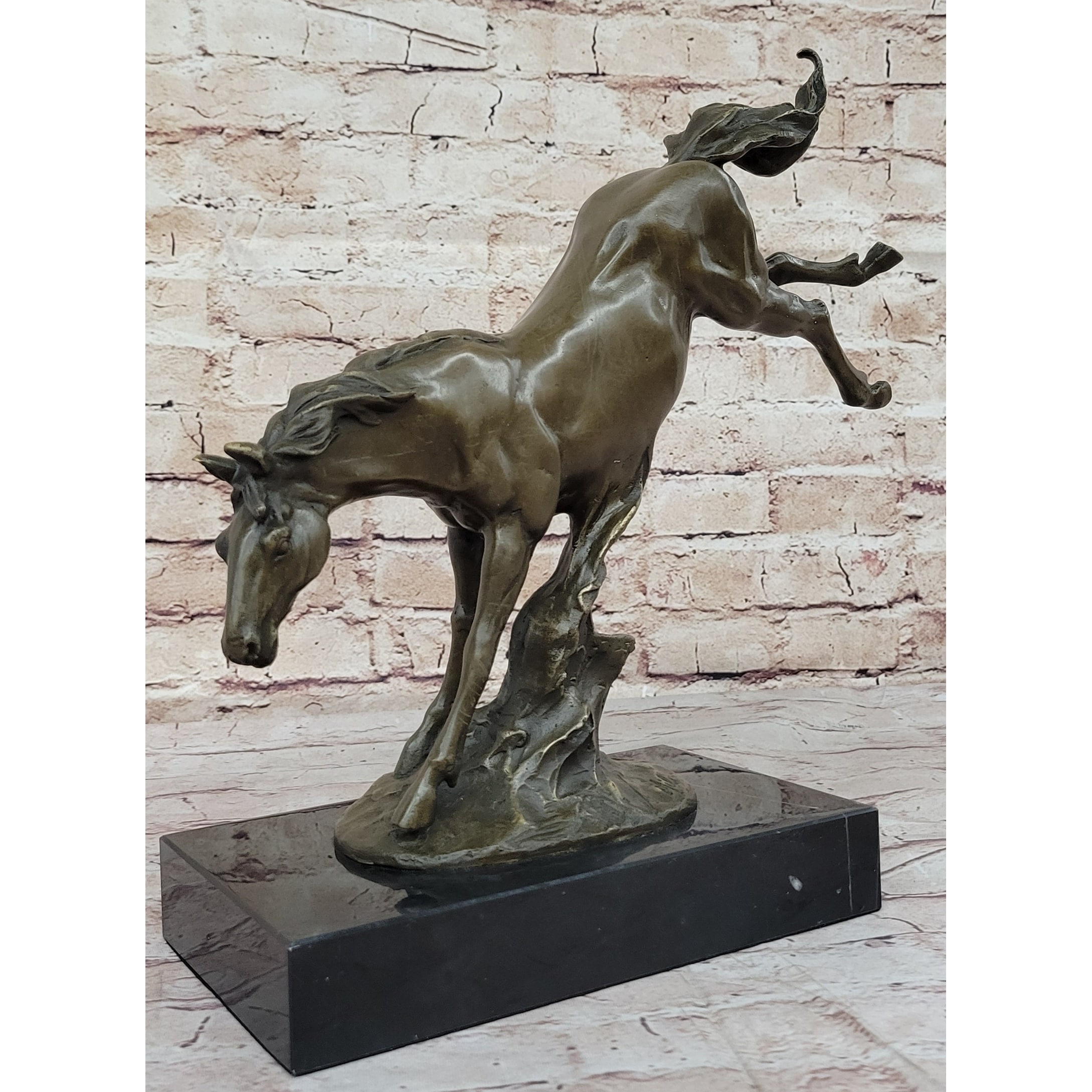Jumping Wild Horse Mustang Stallion Bronze Sculpture Statue On Marble Base
