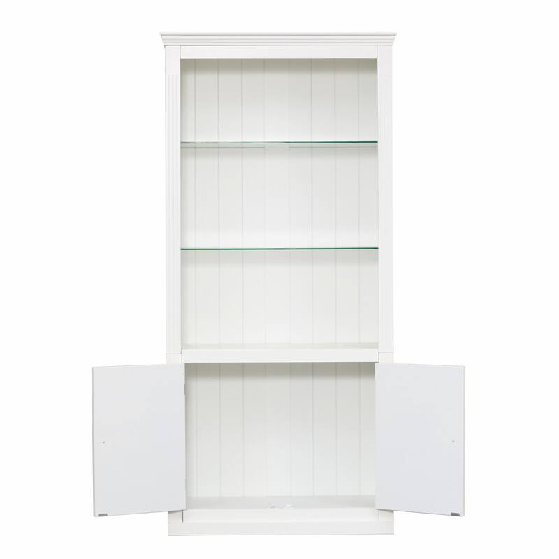 Roomfitters 78.75'' Display Shelf with Glass Shelves, Farmhouse Bookcase Storage Cabinet for Living Room and Office, White