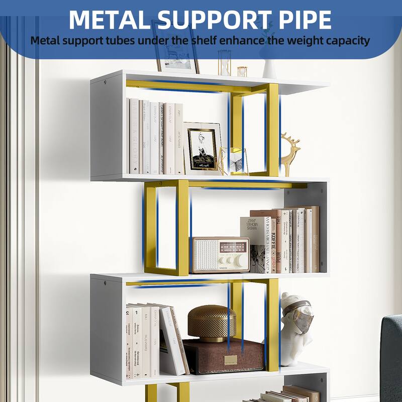 Hermoth Wood 5 Tiers Bookshelf S-Shaped Z-Shelf Style Bookcase Storage Display