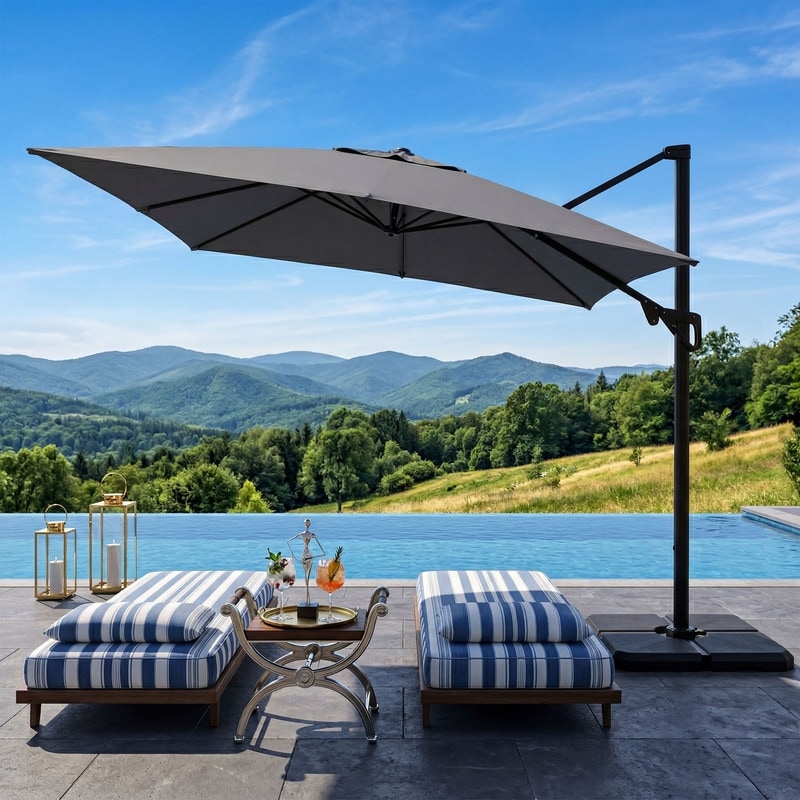 10 ft grey patio umbrella PURPLE LEAF 10' x 10' Wind Resistant Heavy Duty Frame offering comfortable shade for multiple people Cantilever Patio Umbrella | Wind