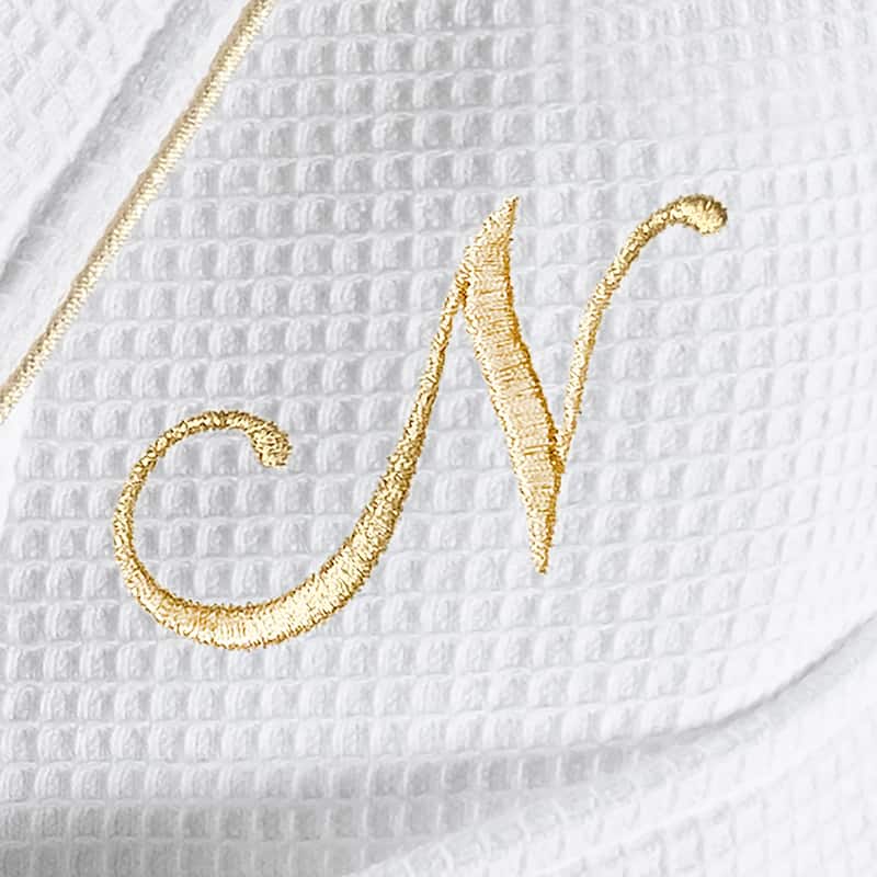 Authentic Hotel and Spa White/Gold Unisex Turkish Cotton Waffle Weave Terry Bath Robe with Gold Script Monogram