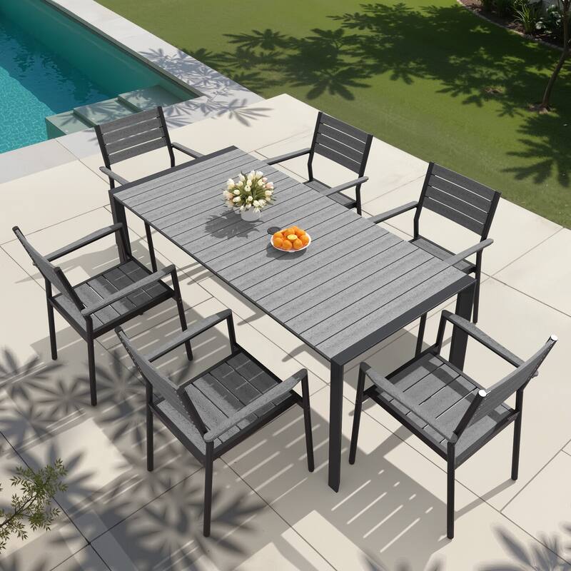7/9/11-Piece Set Outdoor Aluminum Dining Table with Umbrella Hole and Stackable Dining Chairs - Grey - Set of 7