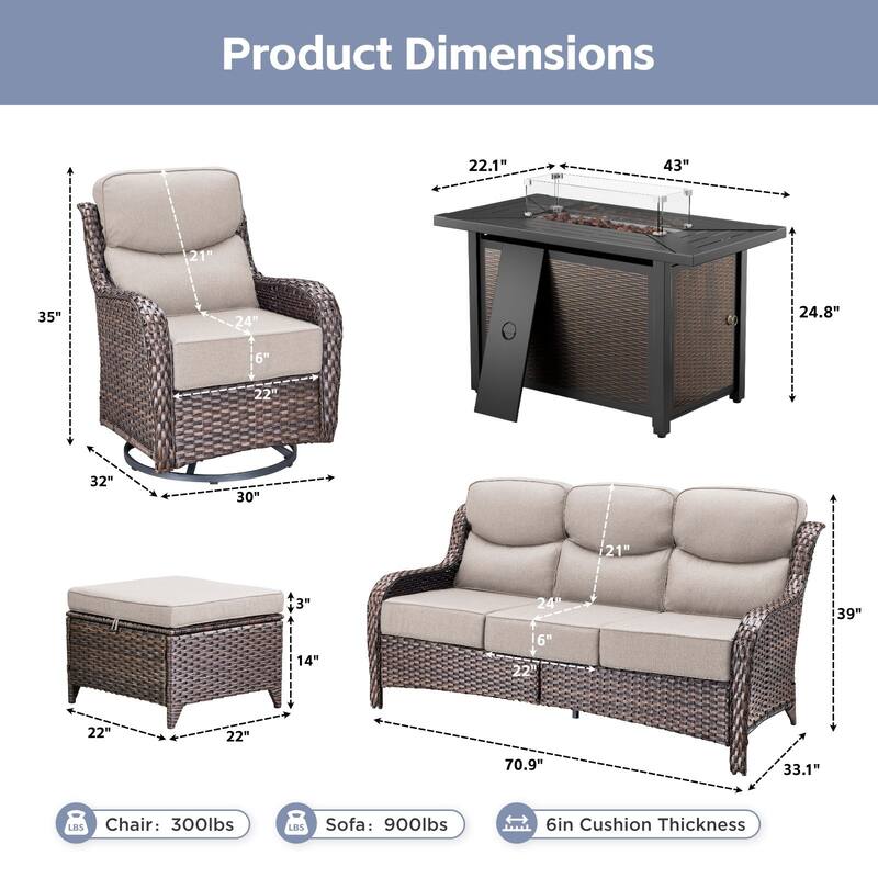 Arcadia 6-Piece PE Wicker Patio Seating Set with Durable All-Iron Fire Pit and 6-Inch Cushions