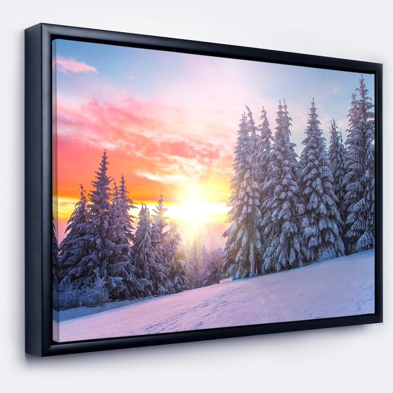 Designart "Winter Sunset in Bulgaria" Landscape Photo Framed Canvas Art Print - 20 in. wide x 12 in. high - Black