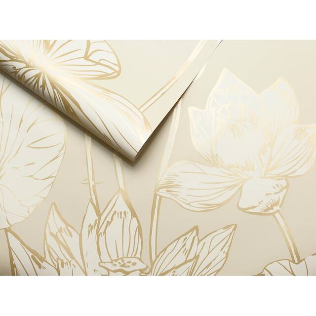 NextWall Lotus Floral Peel and Stick Wallpaper - 20.5 in. W x 18 ft. L - Metallic Gold & Cream