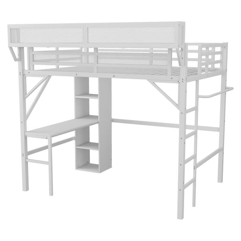 Full over Twin Metal Bunk Bed with Desk and Bookshelves,Detachable Metal Bunk Bed with LED and Charge Station