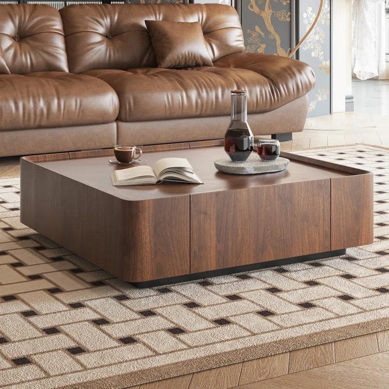 Industrial Walnut Coffee Table with Hidden Drawers - 39.37"x39.37"x12.6"