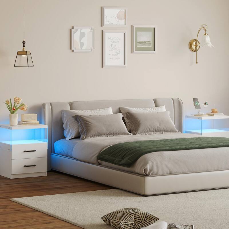 LED Nightstand with Adjustable Colors, 2 Drawers & Power Outlets