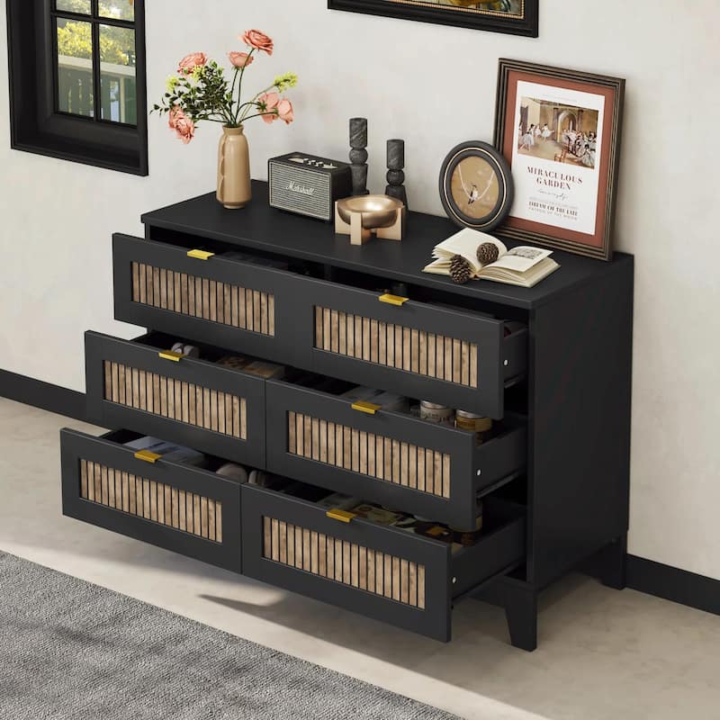 Rustic Farmhouse Style Wooden Dresser with 6 Drawers and Metal Handles