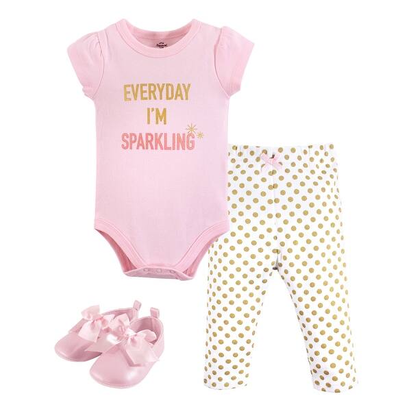 slide 1 of 1, Little Treasure Baby Girl Cotton Bodysuit, Pant and Shoe 3pc Set, Sparkling Short-Sleeve 0-3 Months - Sparkling Short-Sleeve