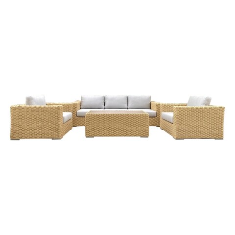 Malibu 4-Piece PE Wicker Patio Furniture Outdoor Seating Conversation Set Includes Light Grey Cushions Tan Wicker, Sofa Set