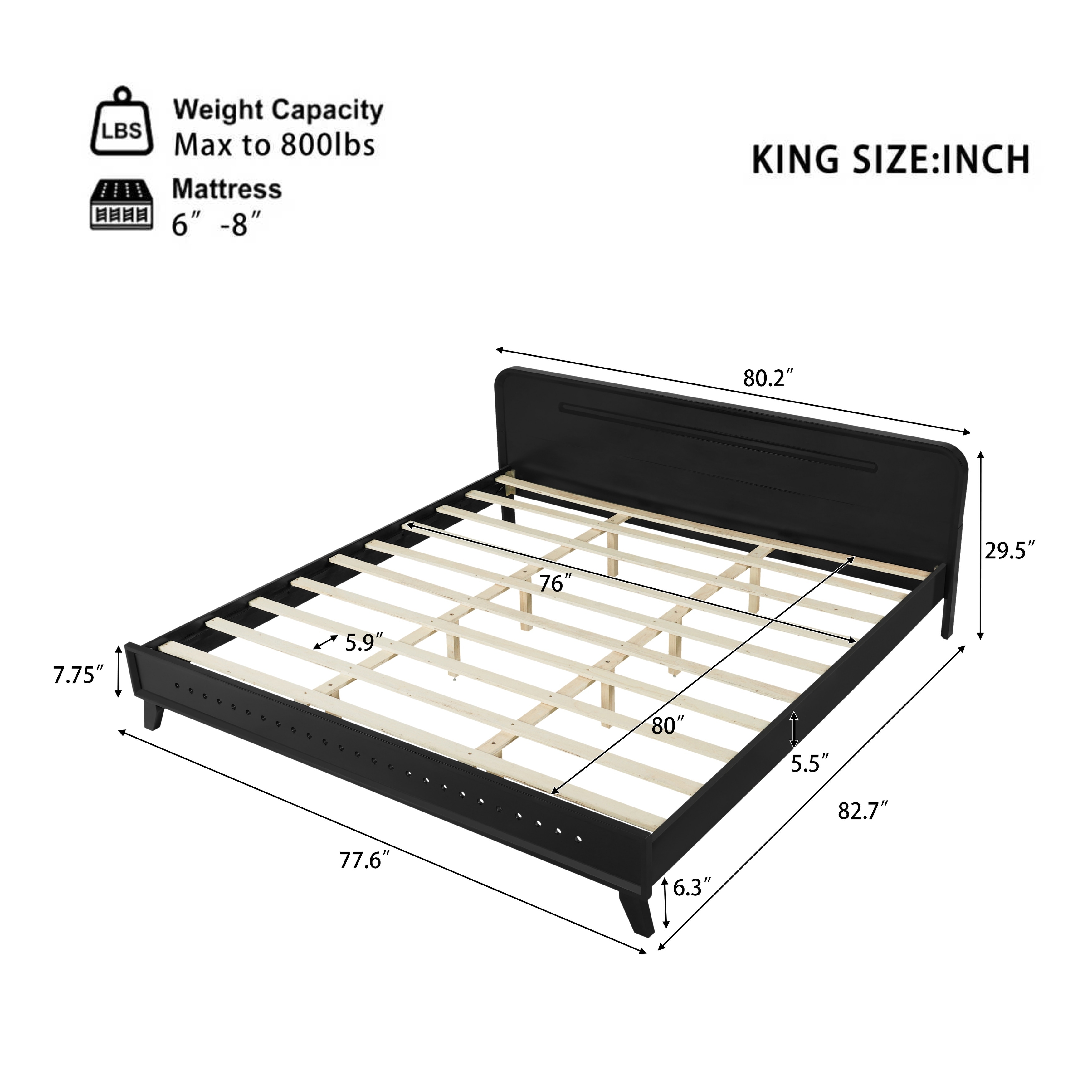 Pine Solid Wood King Size Bed Heavy Duty No Box Spring Needed Black Finish