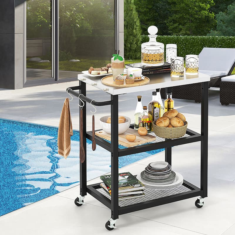 Gymax 3-tier Outdoor Grill Cart on Wheels w/ Stainless Steel Top &