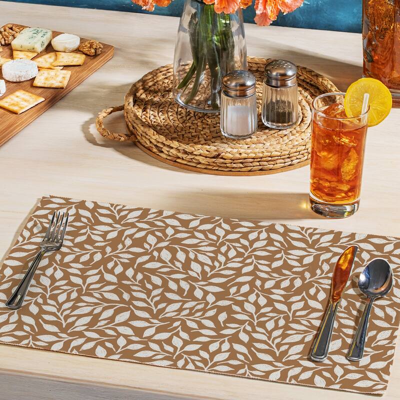Mocha Leaves 4-Pack Poly-Cotton Blend Placemats Manufactured in The USA Machine Washable Dryer Safe
