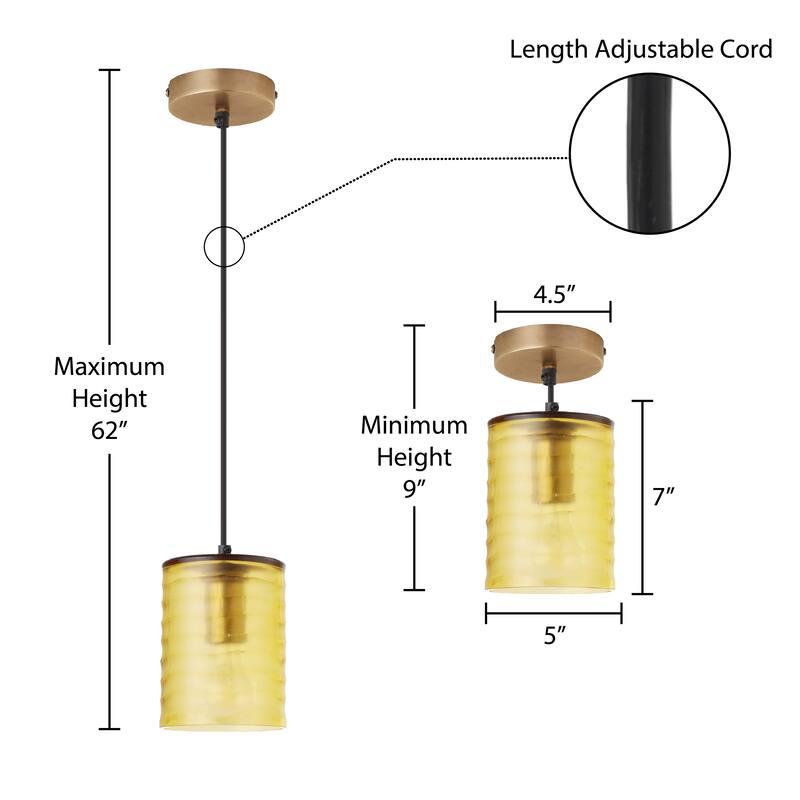 Sydney River of Goods Gold Metal and Amber Hand Blown Glass 5-Inch Pendant Light with Adjustable Hanging Cord - 5" x 5" x 62"