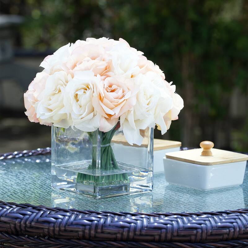 Enova Home Artificial 18 Pieces Fake Roses Silk Flowers Arrangement in Cube Glass Vase for Home Wedding Party Decoration - Cream Beige