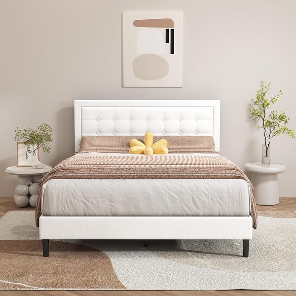 slide 2 of 61, alazyhome Upholstered Platform Bed Frame with Button Tufting Headboard White - Queen