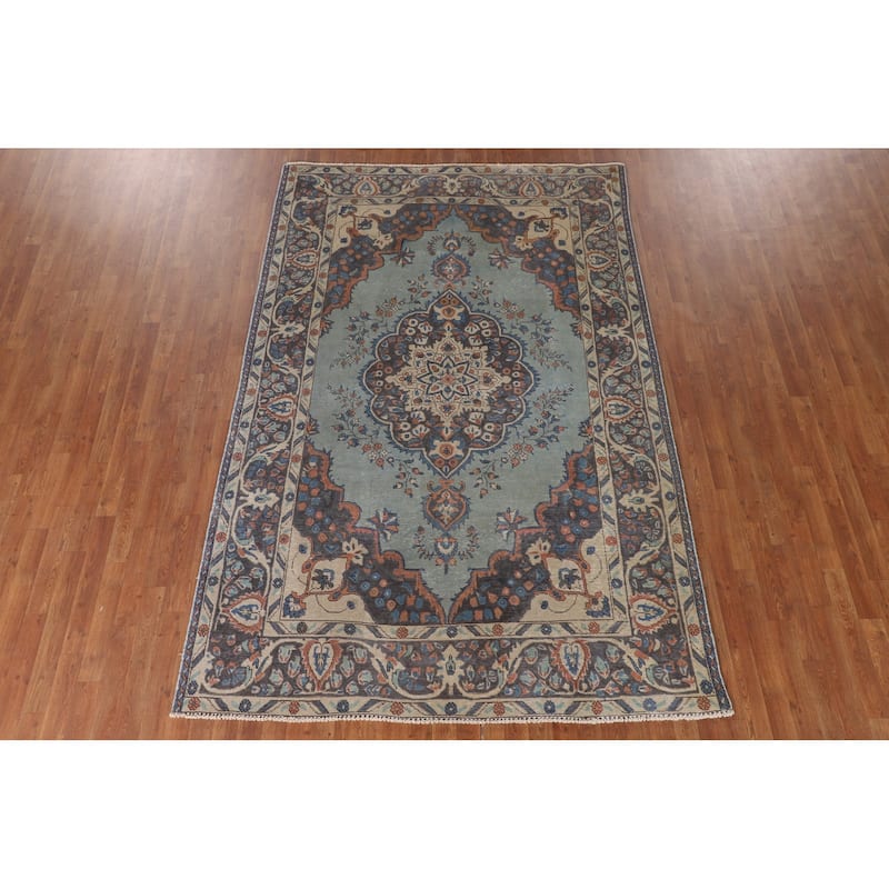 Over-Dyed Blue Tabriz Persian Vintage Rug Hand-Knotted Wool Carpet - 6'2"x 9'5"