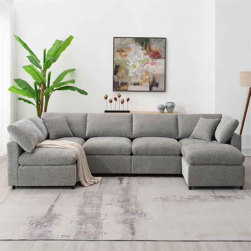 Modern Modular U-Shaped Sectional Sofa, Convertible Cloud Sleeper Sofa Bed, 6 Seat Chenille Sectional Couch Set with Ottoman