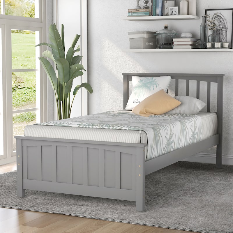 Twin Size Gray Wood Platform Bed with Headboard and Footboard - Gray