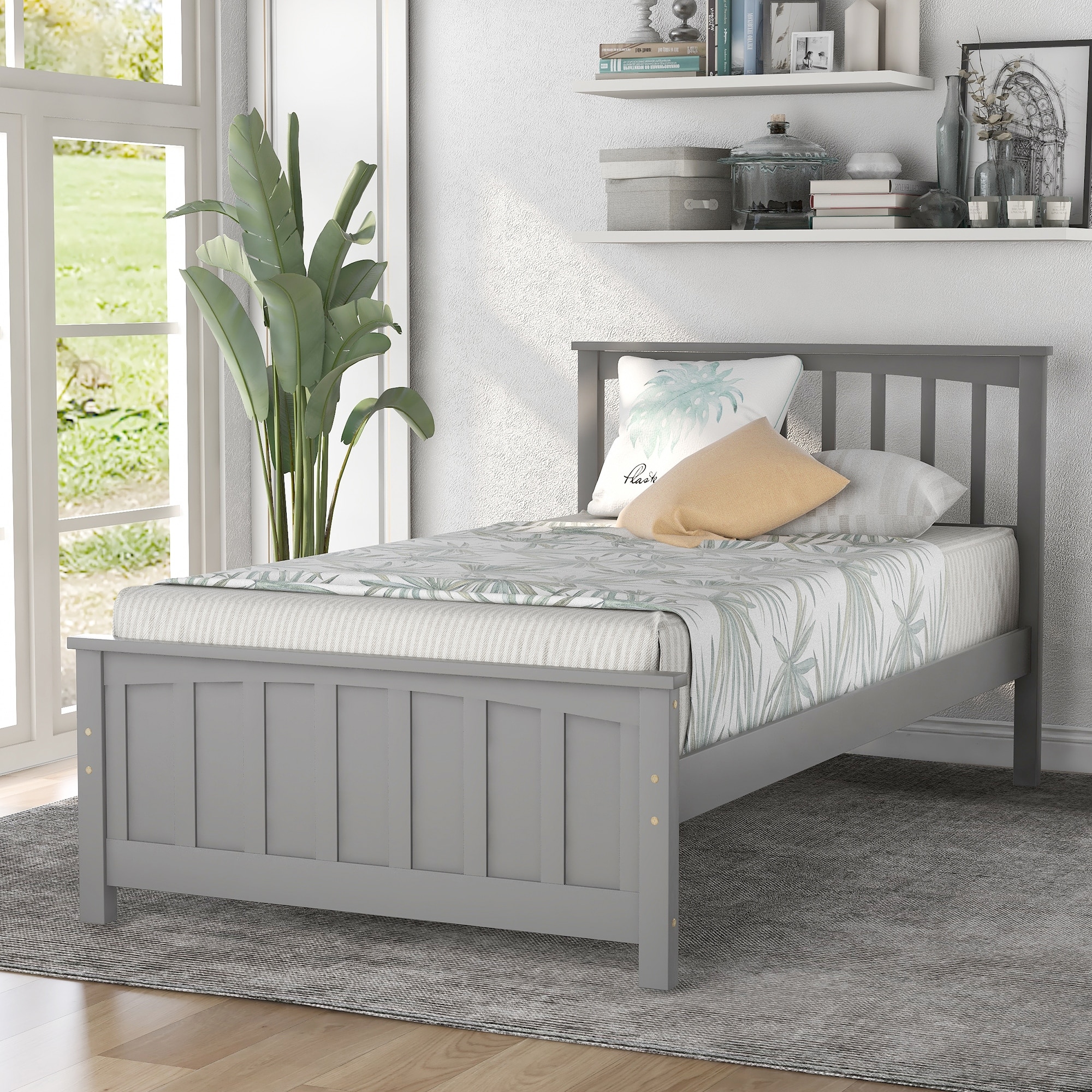Twin Solid Pine Wood Platform Bed with Headboard Footboard Slats No Box Spring