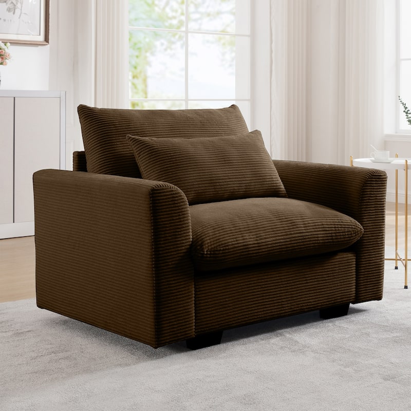 Corduroy Deep Seat Single Sofa Chair, Ergonomic Upholstered Lounge Accent Chair, Reading Armchair with Waist Pillow
