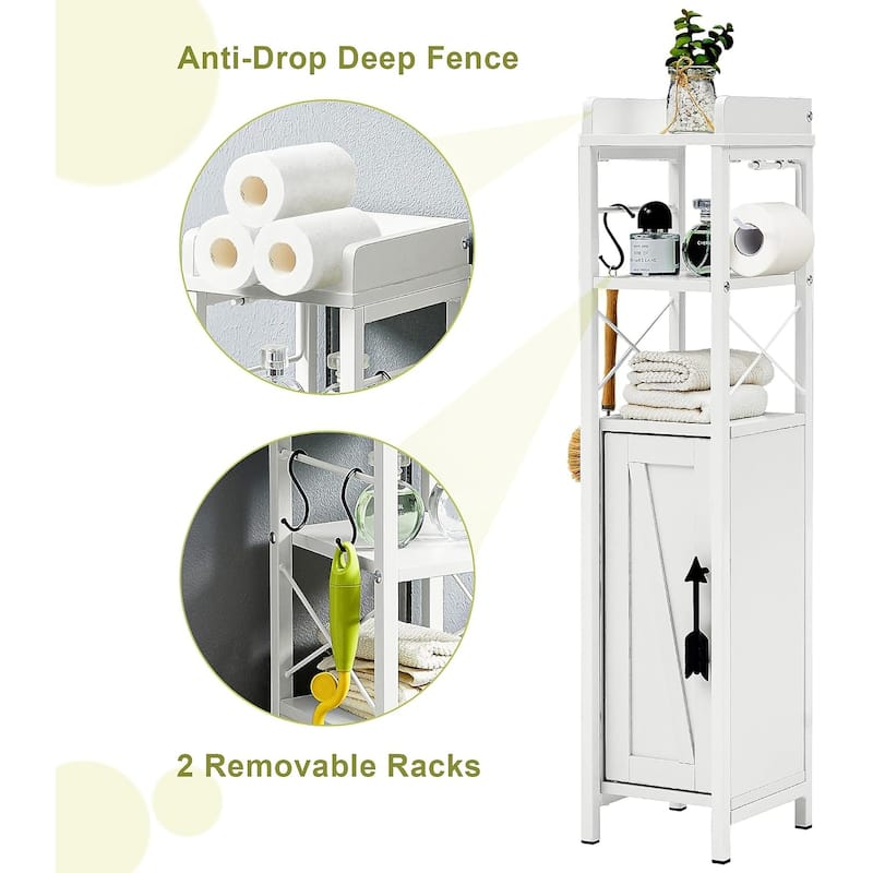 VECELO Slim Bathroom Floor Cabinet with Shutter Door 3-Tier Storage Shelf with Hooks Freestanding Cabinet for Bedroom, Entryway