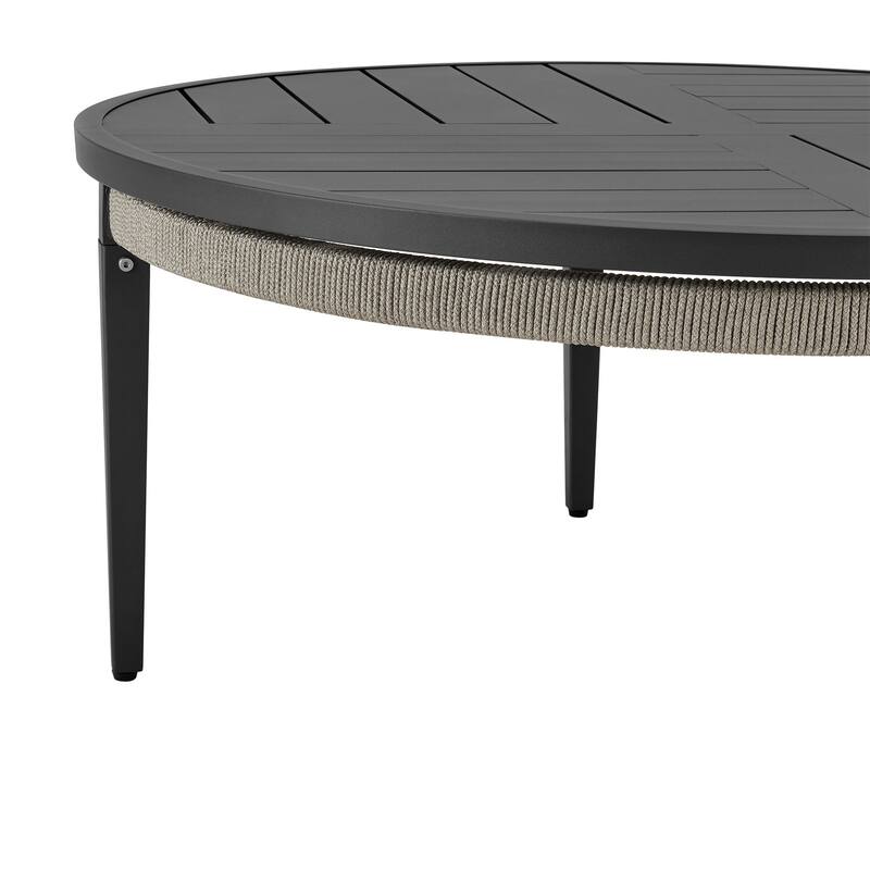 Hosa 42 Inch Outdoor Coffee Table, Black Round Slatted Top, Gray Rope Apron