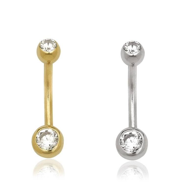 14k Gold Double Cubic Zirconia Bezel-set Belly Navel Ring (14 gauge) - White