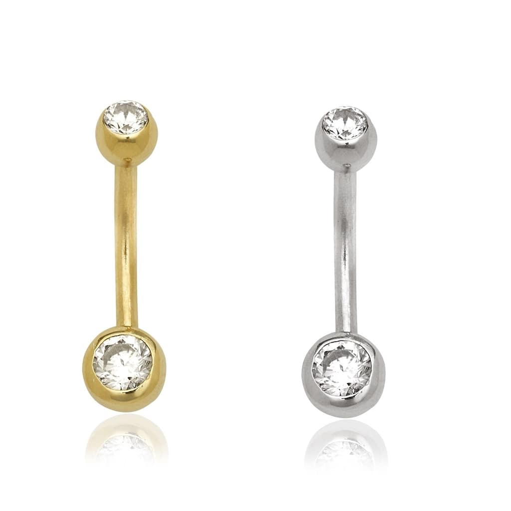 14k Gold Double Cubic Zirconia Bezel-set Belly Navel Ring (14 gauge) - White
