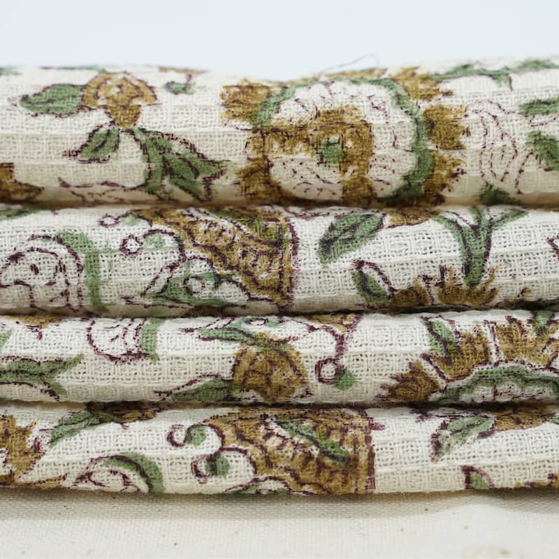 Fabdivine Honeycomb or Waffle Weave Hand Block Floral Print Hand Towel, Kitchen Gift Use