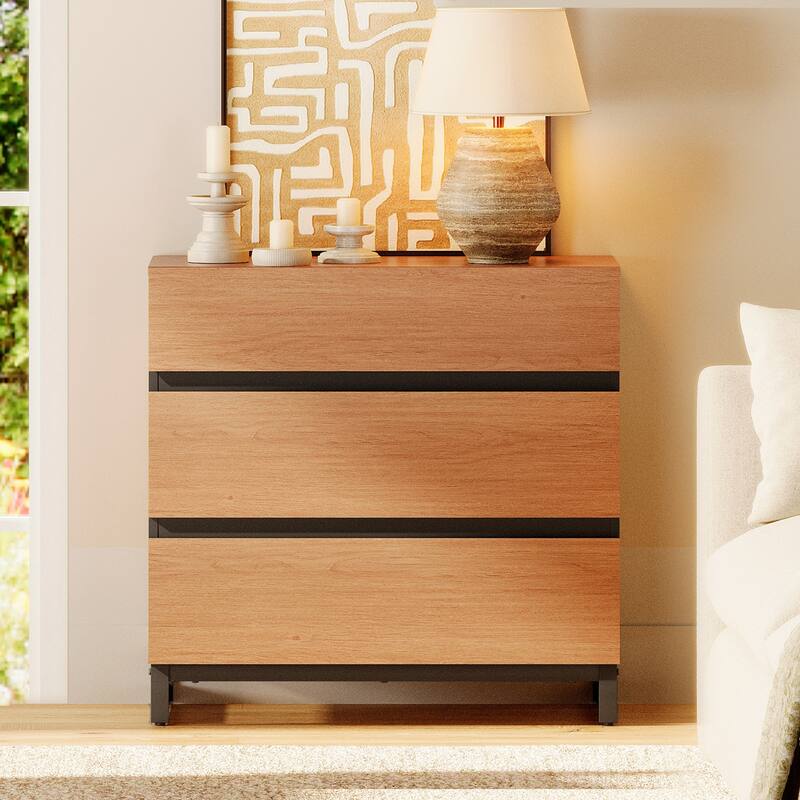 WAMPAT Nightstand with 3 Drawers for Bedroom, Modern Bedside Table with Black Square Iron Leg, Wood Rustic Side Table - MOCHA - 3-drawer