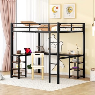 Black Full Size Metal Loft Bed with Desk and Shelves, Ladder and Guardrails, Vintage wood-colored desk