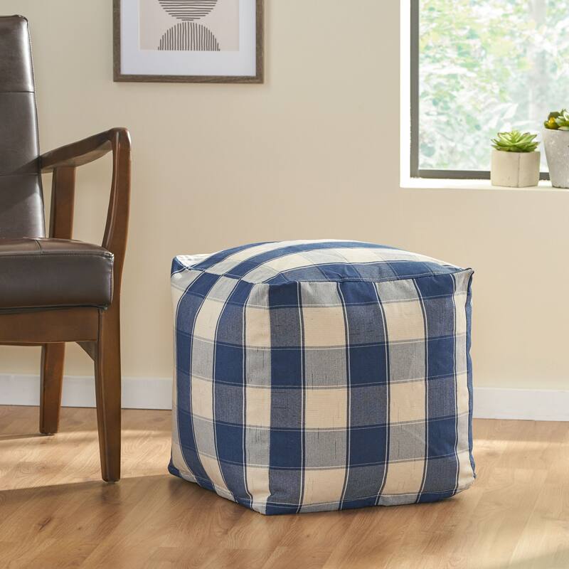 Konnor Modern Fabric Checkered Cube Pouf by Christopher Knight Home - Blue/Ivory