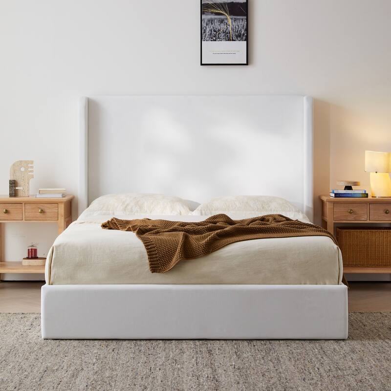 Upholstered Wingback Bed / Upholstered Platform Bed Frame / 52.3" High Headboard / Simplicity/ No Box Spring Needed/ King - White