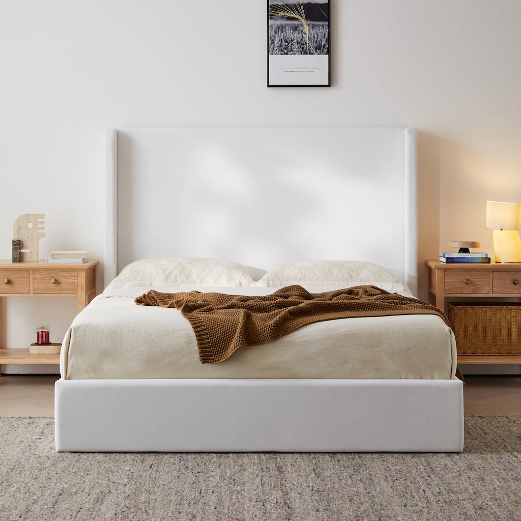 Upholstered Wingback Bed / Upholstered Platform Bed Frame / 52.3" High Headboard / Simplicity/ No Box Spring Needed/ King